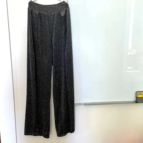 Fashion Nova Silver Sparkling Glitter Wide Leg Pants With Leg Slits Size Medium - Picture 1 of 6